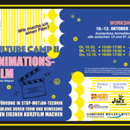 Flyer für den Workshop zum Animationsfilm vom 10. bis zum 12.10.2023. Dienstag von 13 bis 17 Uhr im Jugendzentrum. Mittwoch von 10 bis 15:30 Uhr im Jugendzentrum. Donnerstag von 10 bis 17 Uhr im Studio für Kulturelle Bildung. Treffen am Jugendzentrum.